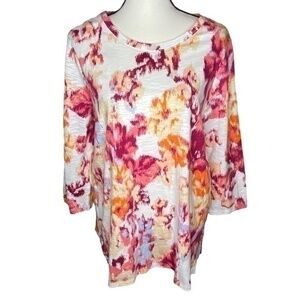 Chicos Top Floral IKat Print Three Quarte Sleeve Top Size Large Chicos Size 2
